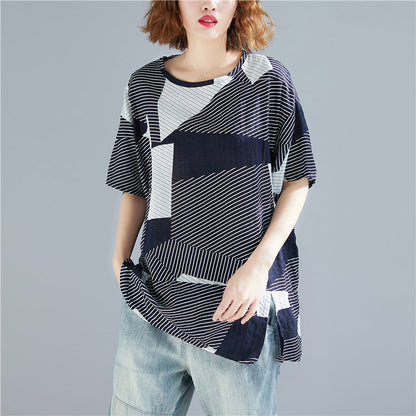 O Neck Side Open Cotton Linen Tops Work Striped Midi Top
