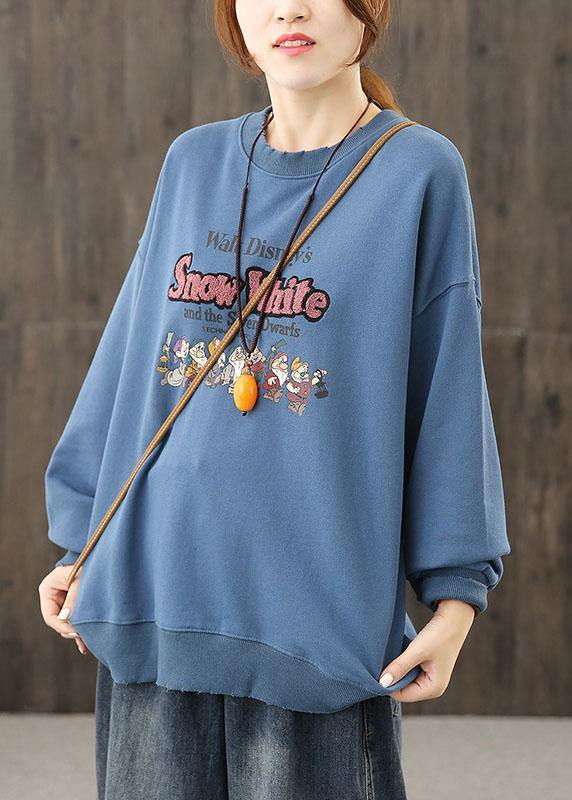 O Neck Top Silhouette Shape Blue Cartoon Print Top