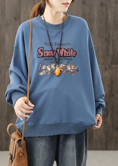 Bohemian o neck top silhouette Shape blue Cartoon print top