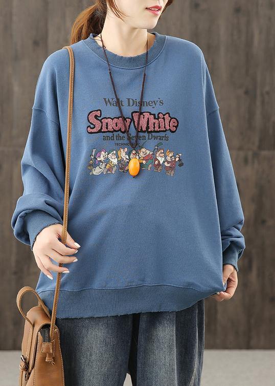 O Neck Top Silhouette Shape Blue Cartoon Print Top