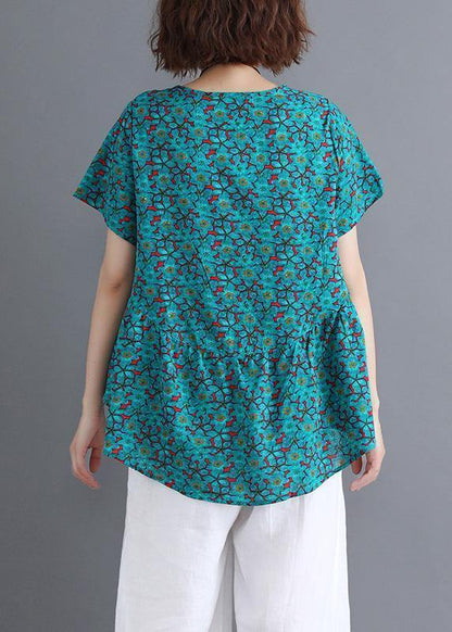 Sold Out- O Neck Cinched Cotton Shirts Wardrobes Green Print Blouse Summer
