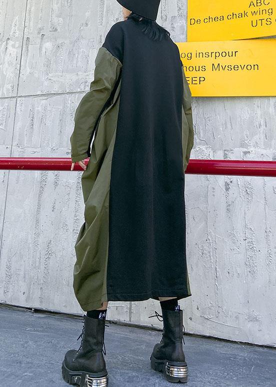 O Neck Cinched Cotton Spring Tunics Pattern Green Long Dress