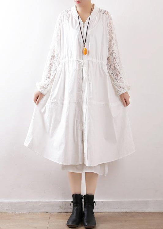 O Neck Zippered Tunic Pattern White Cotton Outwears Fall