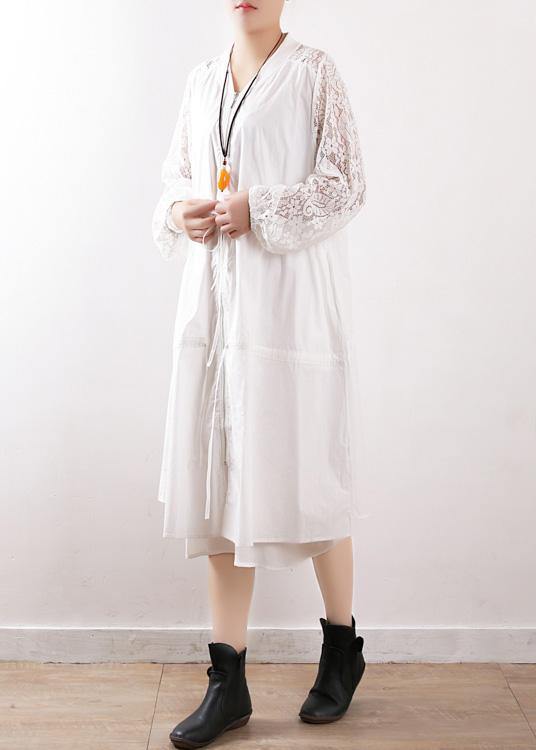 O Neck Zippered Tunic Pattern White Cotton Outwears Fall