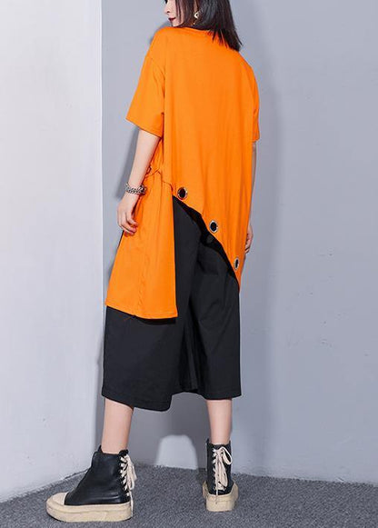 Sold-out Orange Cotton Clothes O Neck Asymmetric Oversized Summer Top