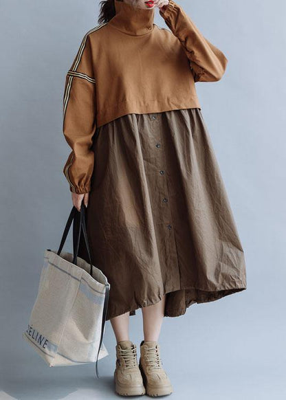 Patchwork High Neck Cotton Clothes Work Outfits Brown Traveling Dresses Fall