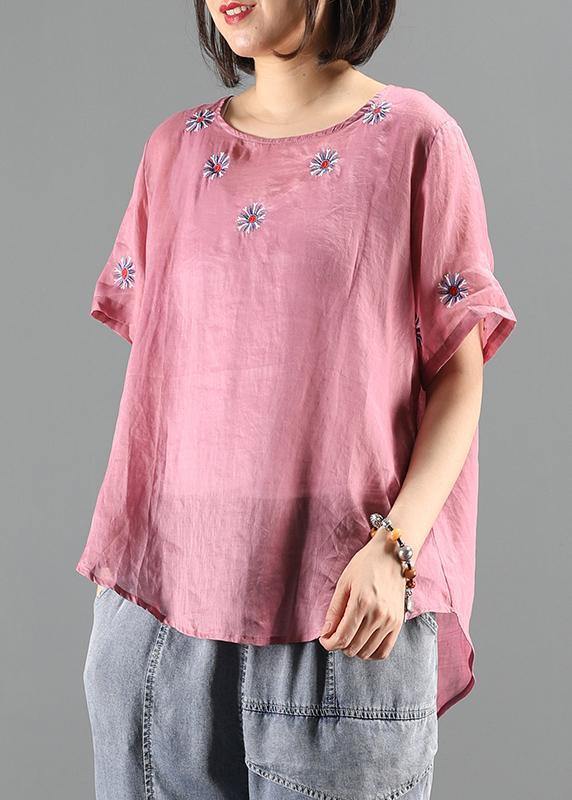 Pink Embroidery Tops Work Outfits O Neck Shirts