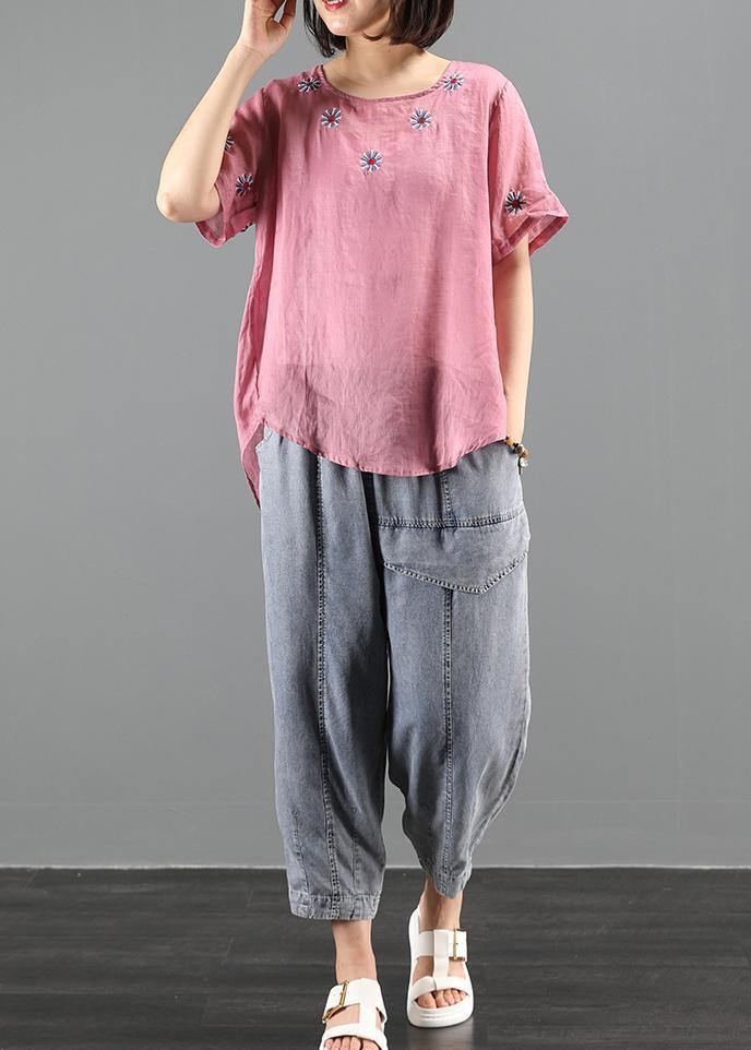 Pink Embroidery Tops Work Outfits O Neck Shirts