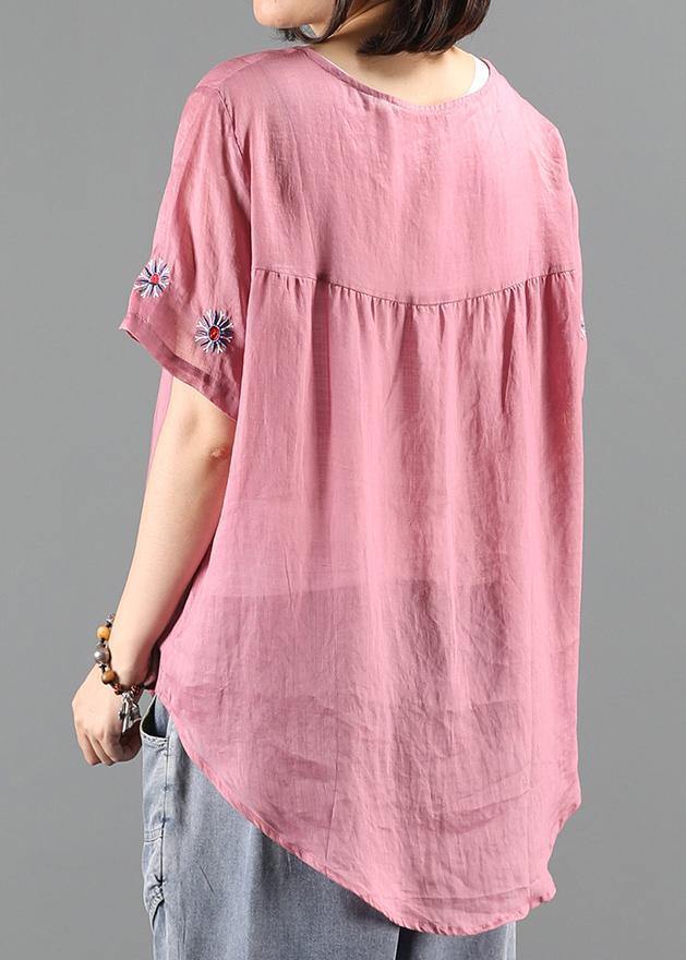 Pink Embroidery Tops Work Outfits O Neck Shirts