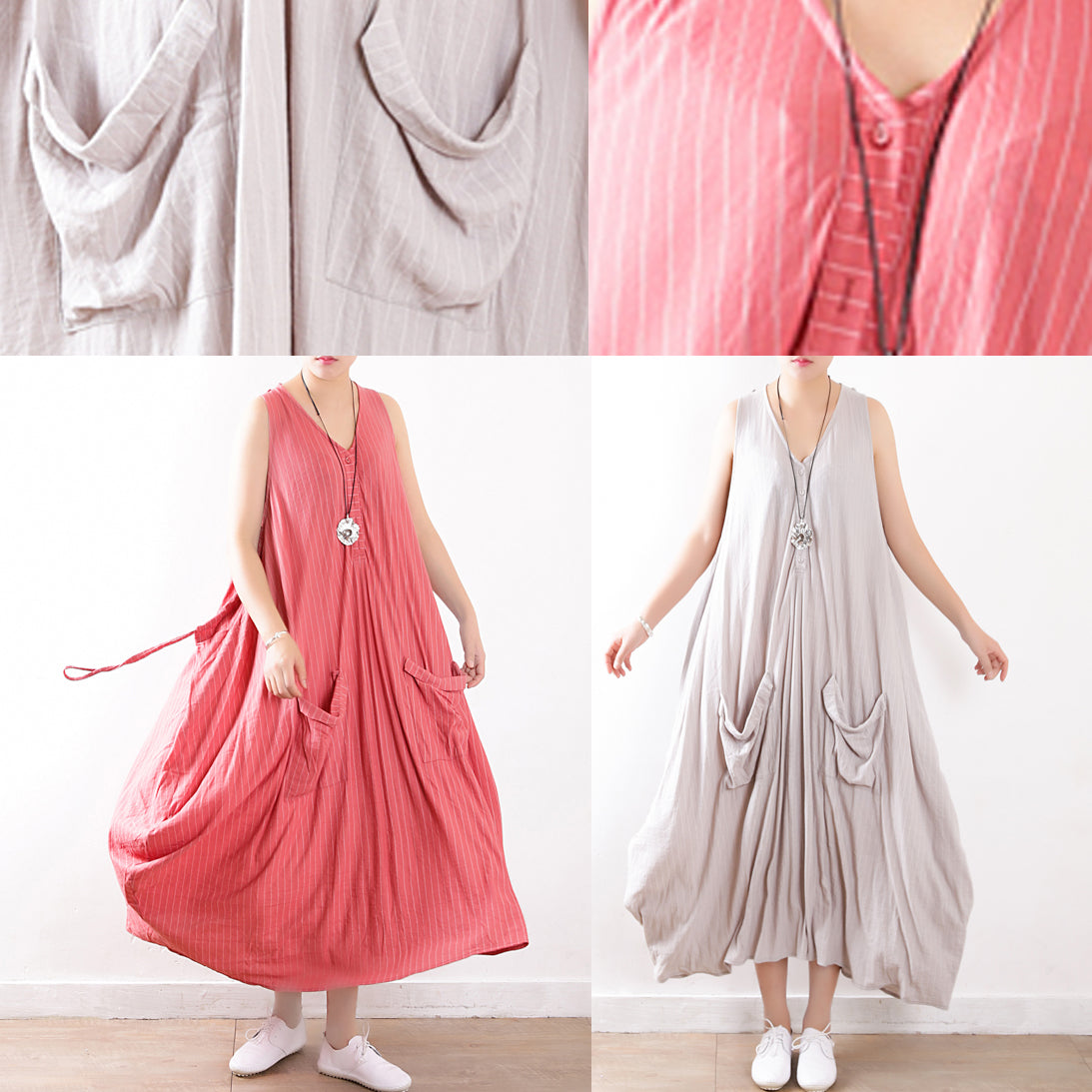 Pink Linen Robes Fabrics O Neck Clothing Summer Dress
