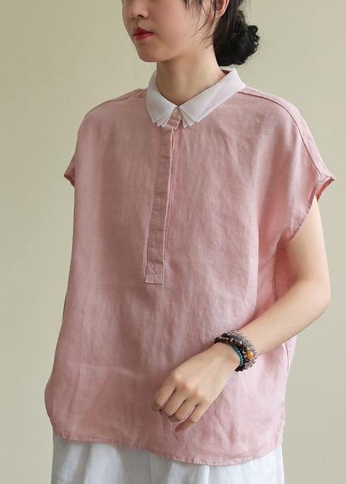 Pink Linen Clothes Lapel Side Open Short Top