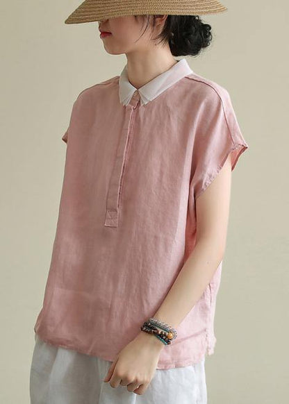 Pink Linen Clothes Lapel Side Open Short Top