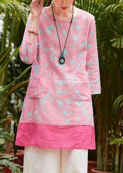 Pink Print Linen Clothes for O Neck Pockets Daily Summer Dress