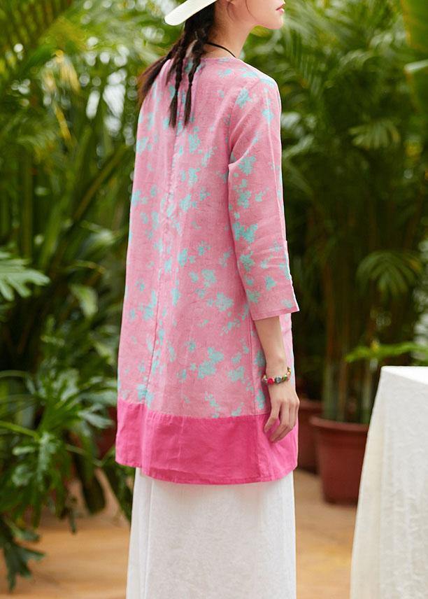 Pink Print Linen Clothes for O Neck Pockets Daily Summer Dress