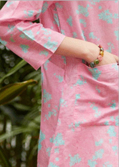 Pink Print Linen Clothes for O Neck Pockets Daily Summer Dress