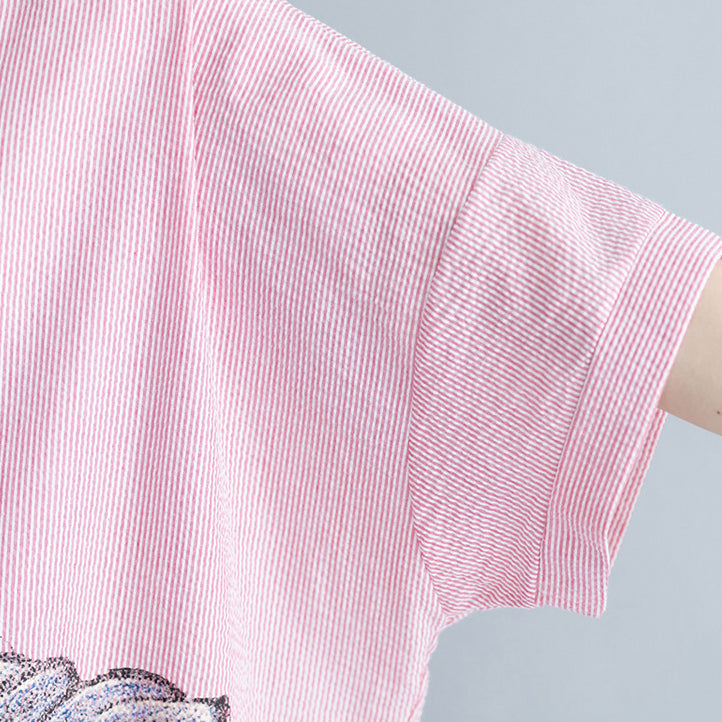 Pink Striped Cotton Clothes Sweets Outfits Lapel Embroidery Daily Dresses
