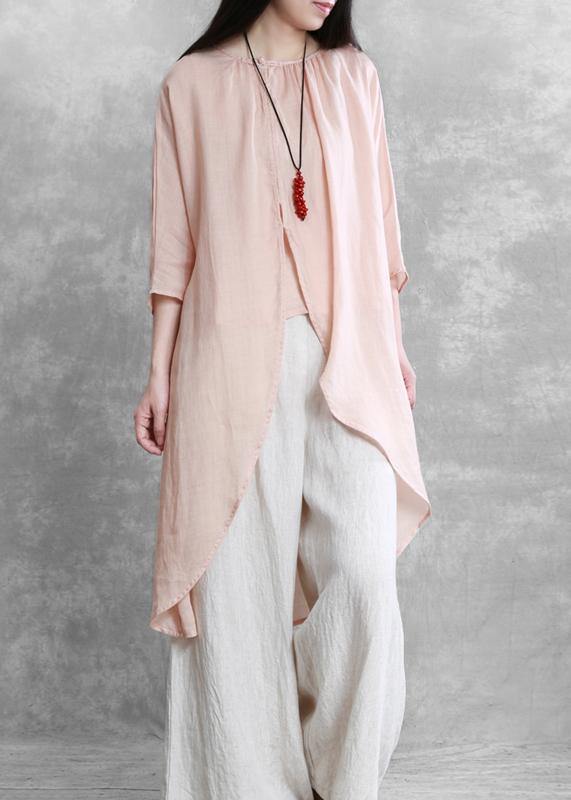 Pink Tops O Neck Asymmetric Short Blouses