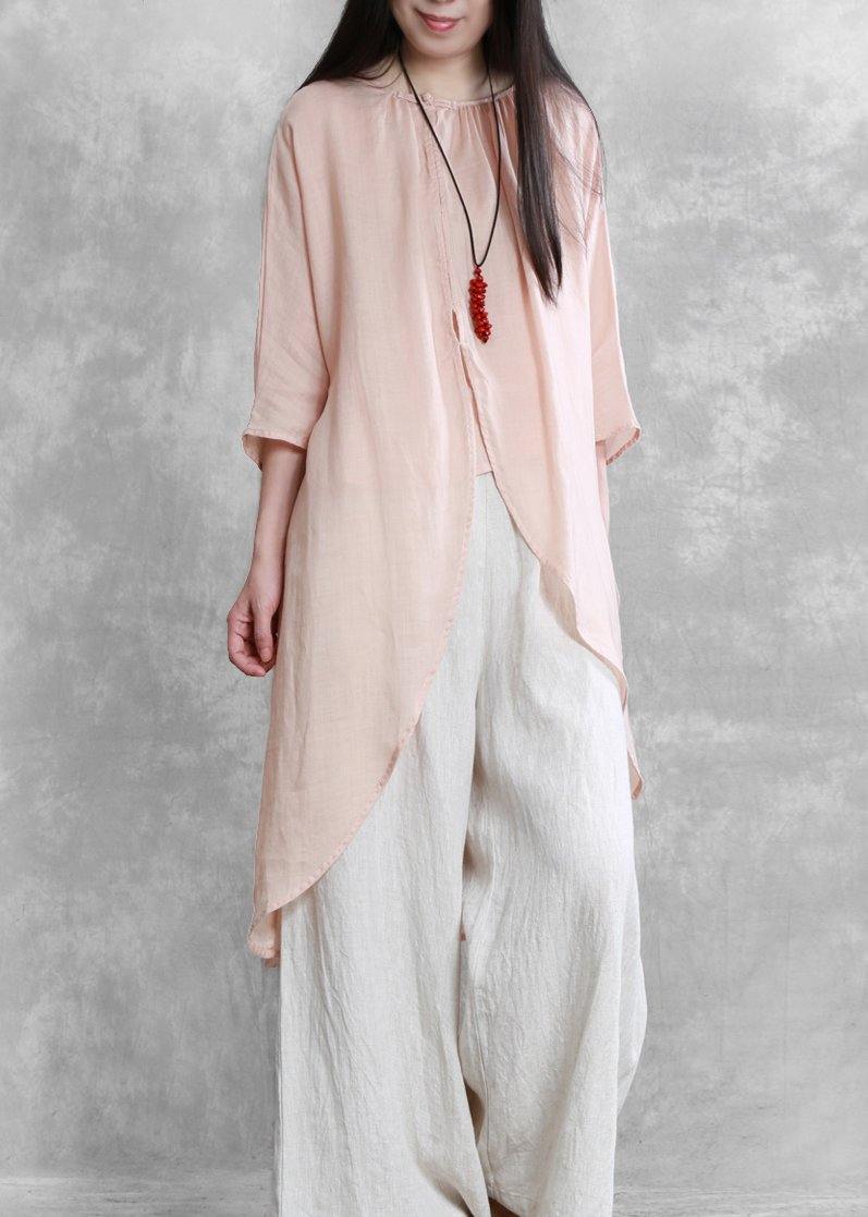 Pink Tops O Neck Asymmetric Short Blouses