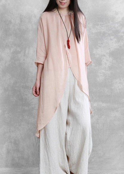 Pink Tops O Neck Asymmetric Short Blouses