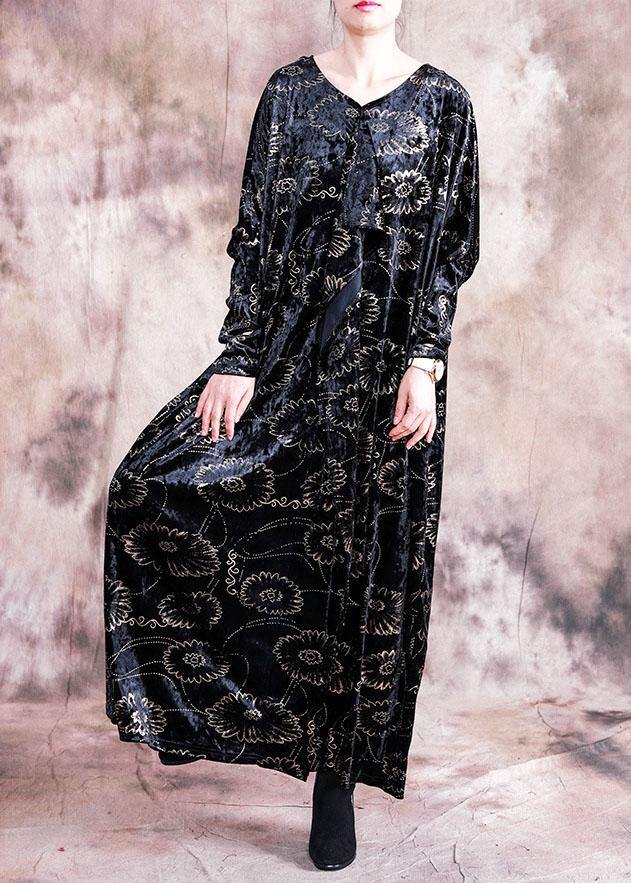 Prints Velour Dresses Work Black V Neck Kaftan Dress Fall