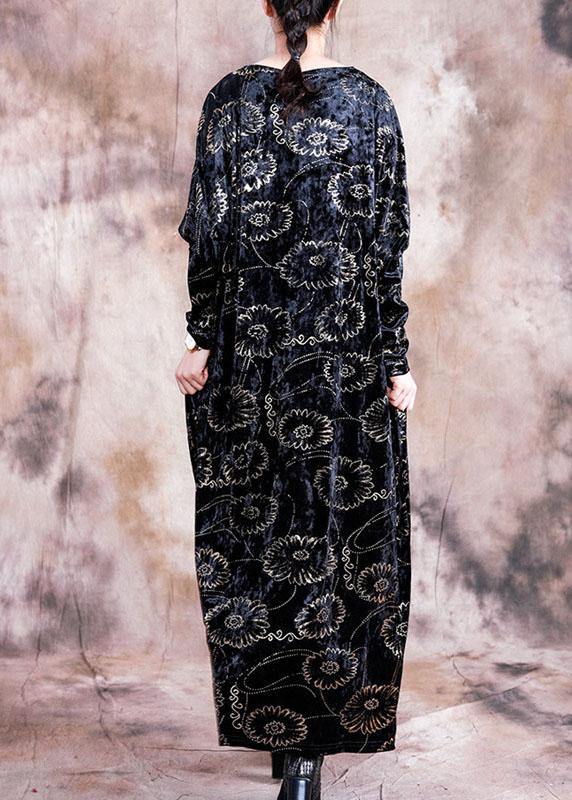 Prints Velour Dresses Work Black V Neck Kaftan Dress Fall