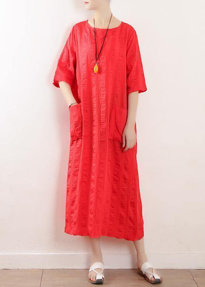 Red O Neck Linen Clothes for Half Sleeve Kaftan Summer Dress