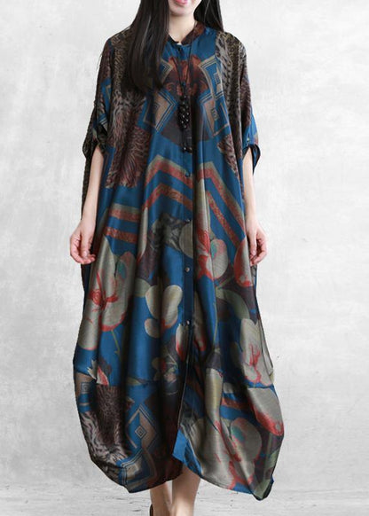 Stand Collar Asymmetric Clothes for Ideas Dark Blue Print Dress