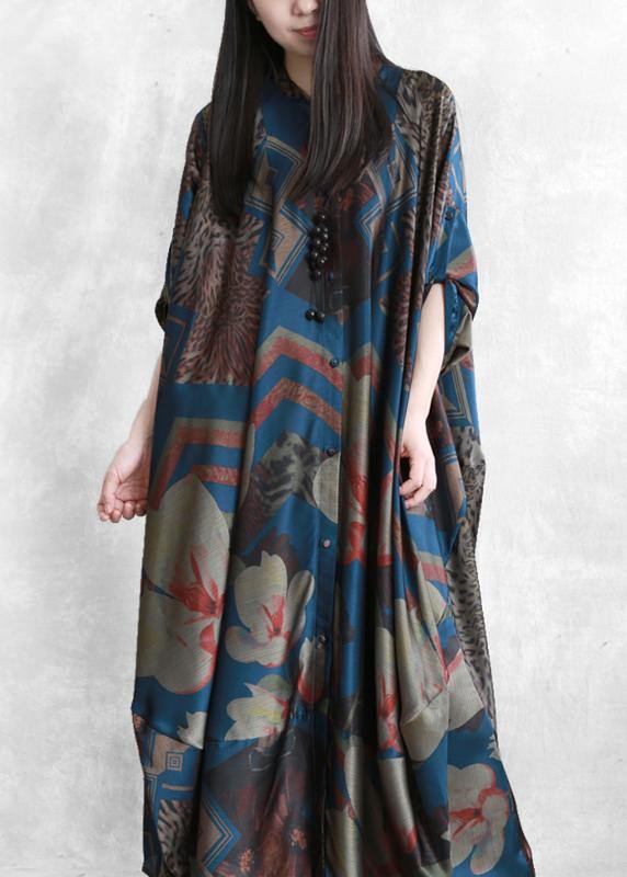 Stand Collar Asymmetric Clothes for Ideas Dark Blue Print Dress