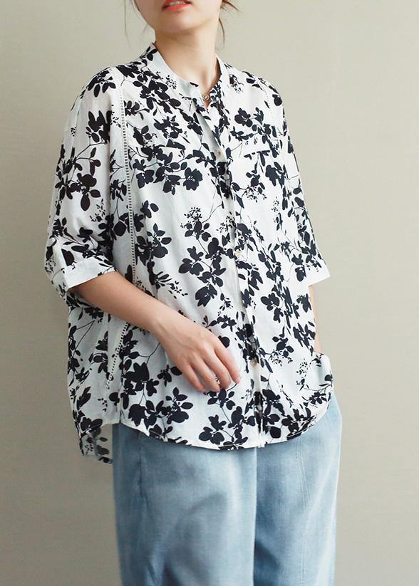 Stand Collar Half Sleeve Cotton Summer Clothes Ideas Black Print Blouses