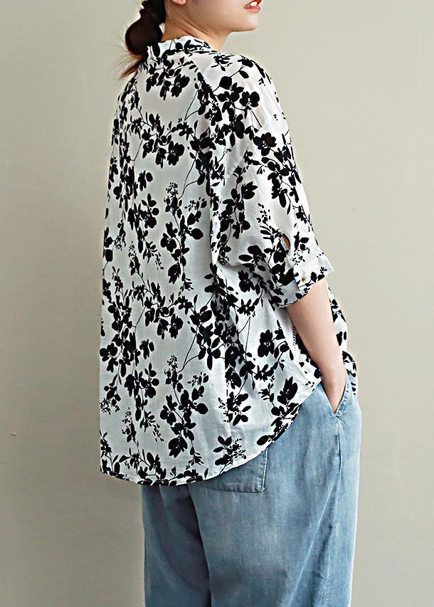 Stand Collar Half Sleeve Cotton Summer Clothes Ideas Black Print Blouses