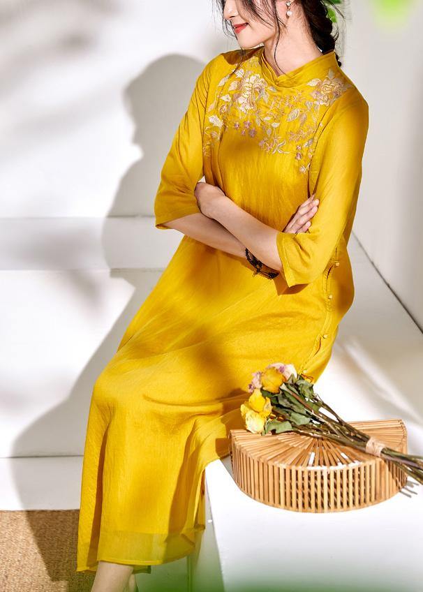 Stand Collar Linen Clothes for Yellow Embroidery Dresses