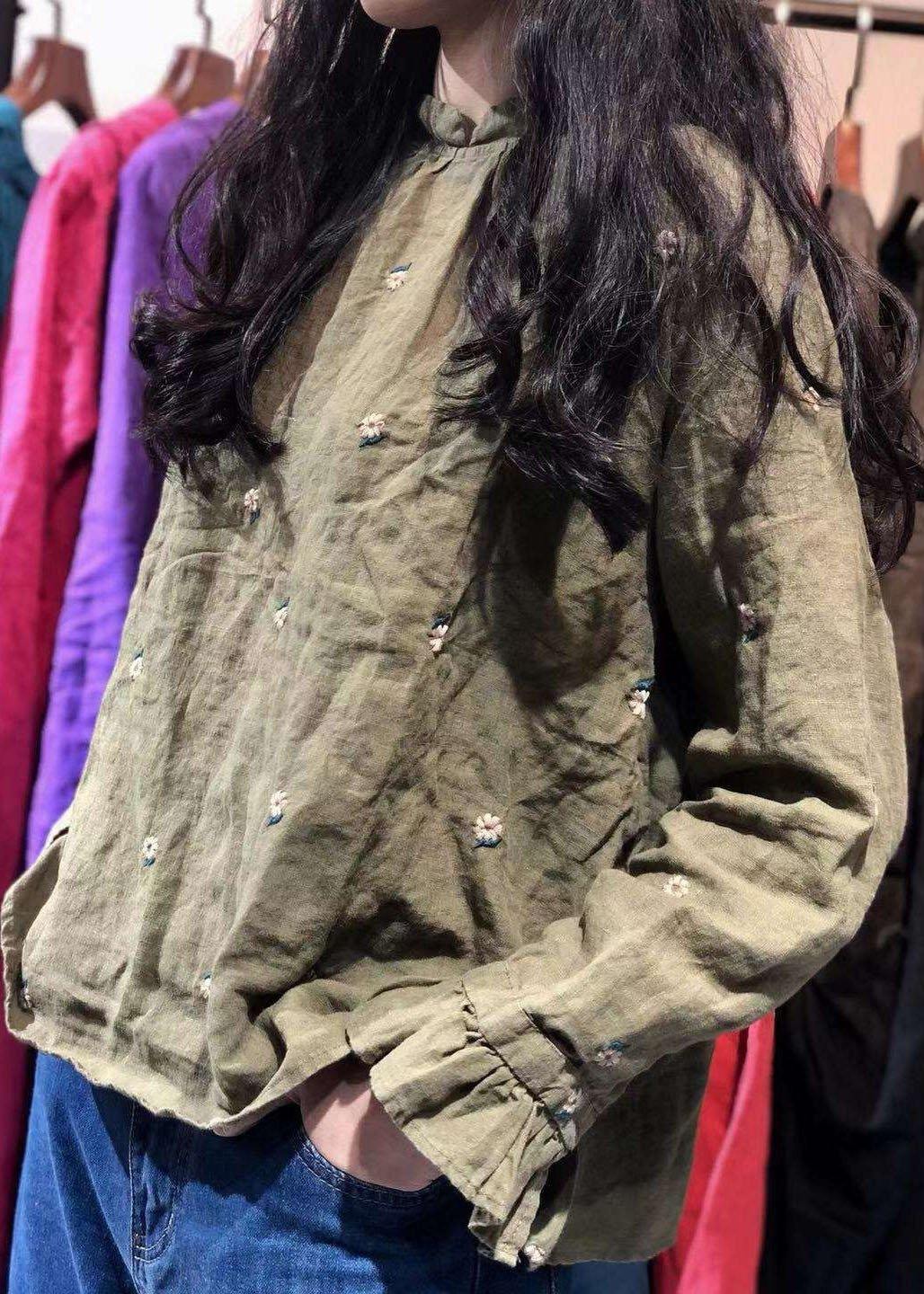 Bohemian stand collar linen shirts Fashion Ideas green shirts autumn