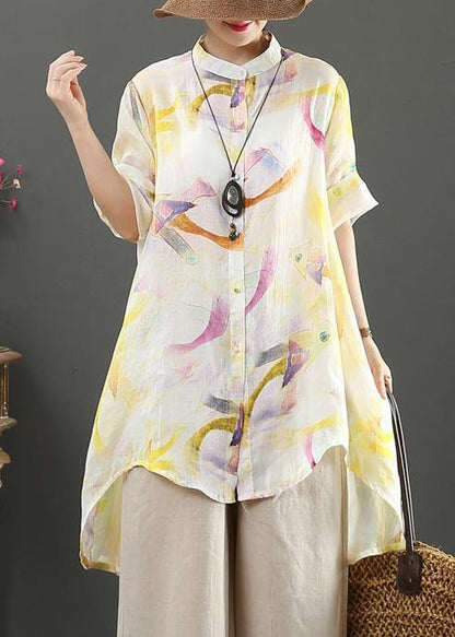 Stand Collar Low High Design Linen Blouses for Design Yellow Print Shirts