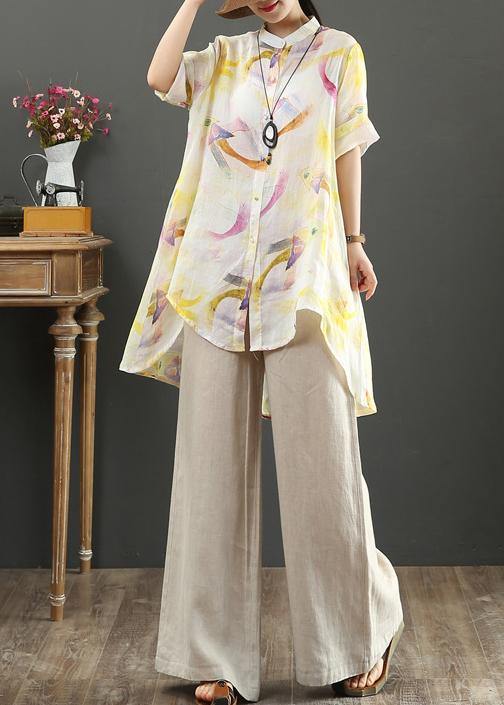 Stand Collar Low High Design Linen Blouses for Design Yellow Print Shirts