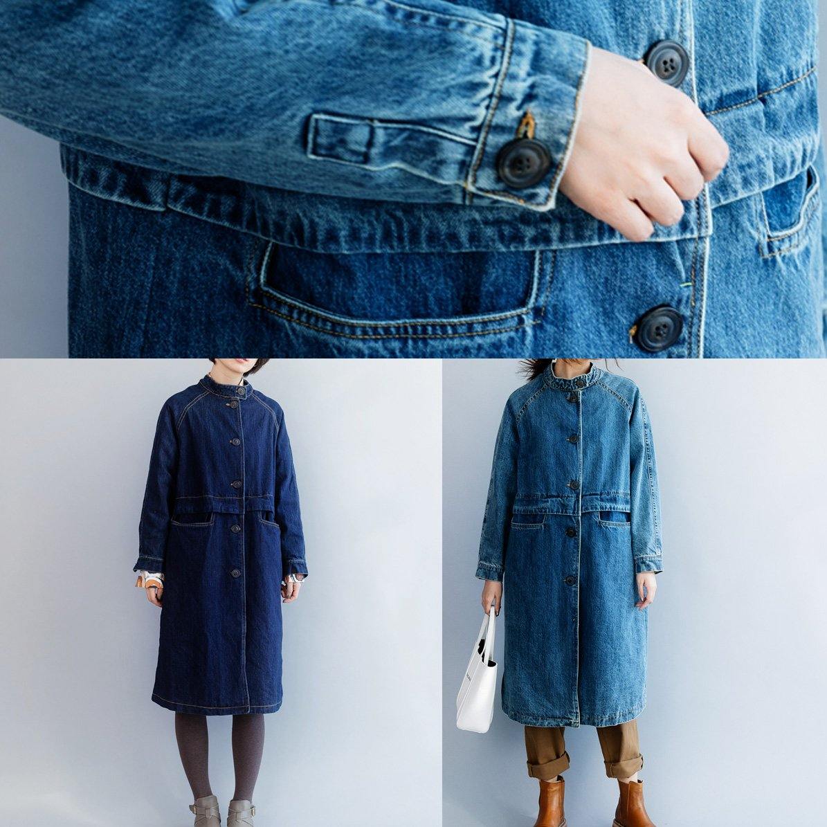 Stand Collar Fine Patchwork Box Coat Dark Blue Silhouette Jackets