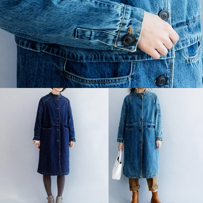 Stand Collar Fine Patchwork Box Coat Dark Blue Silhouette Jackets