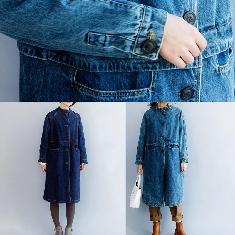 Stand Collar Fine Patchwork Box Coat Dark Blue Silhouette Jackets