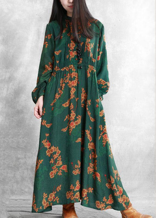 Stand Collar Cinched Quilting Clothes Fabrics Green Print Kaftan Dresses