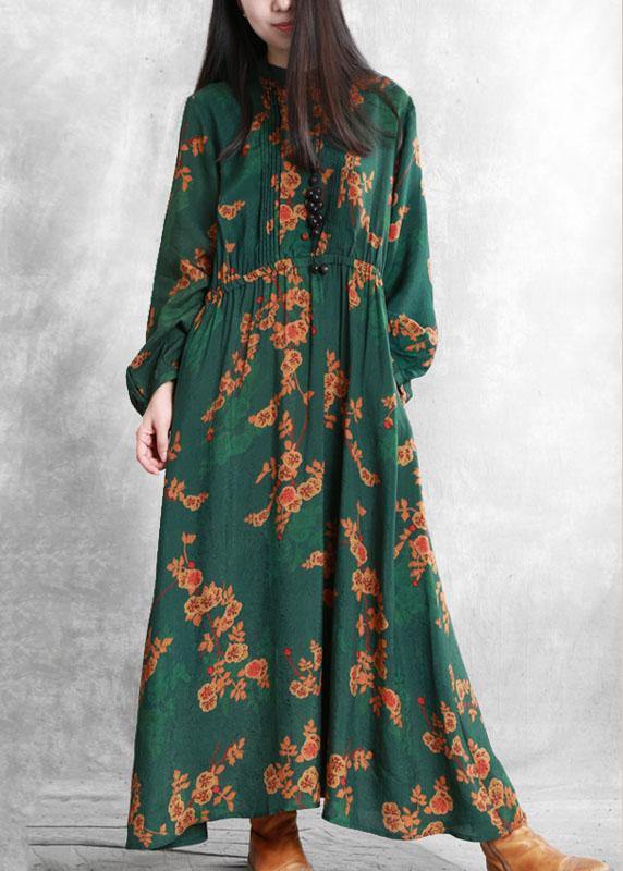 Stand Collar Cinched Quilting Clothes Fabrics Green Print Kaftan Dresses