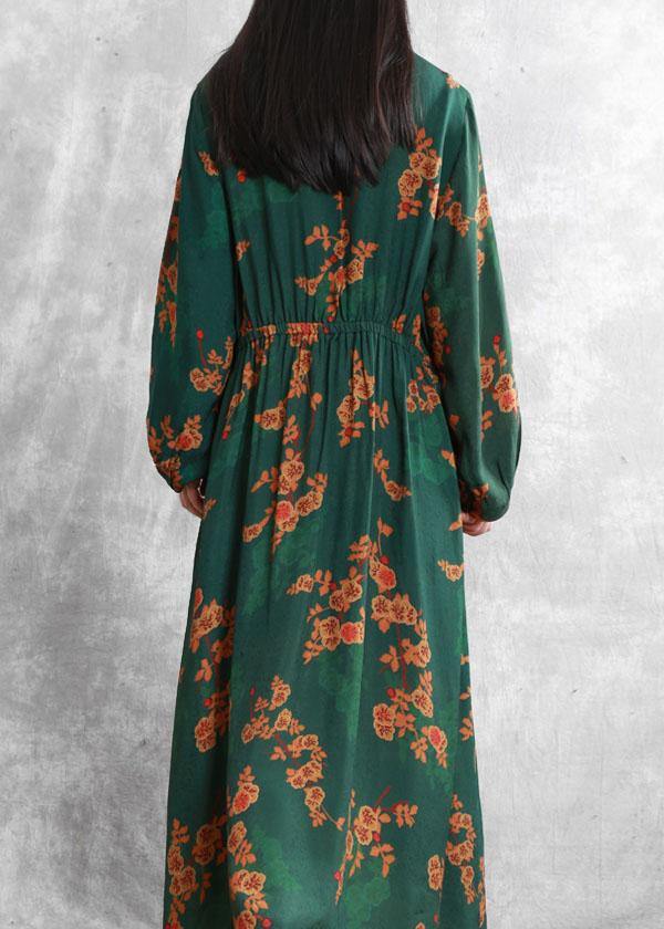 Stand Collar Cinched Quilting Clothes Fabrics Green Print Kaftan Dresses