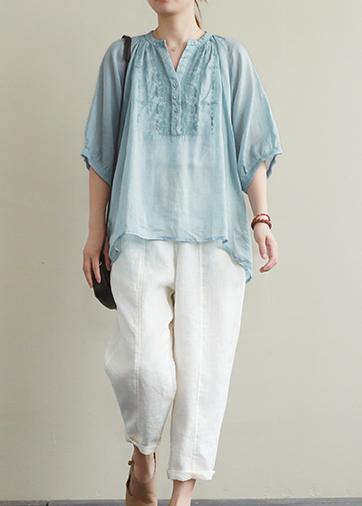 V Neck Button Down Linen Summer Shirts Blue Embroidery Blouses