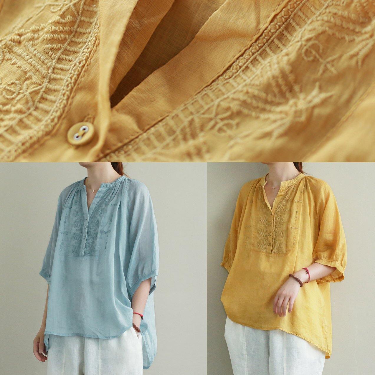 V Neck Button Down Linen Summer Shirts Blue Embroidery Blouses