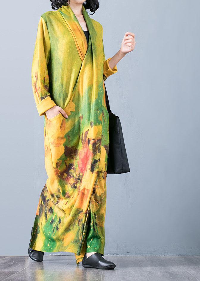V Neck Back Side Open Cotton Clothes for Fabrics Yellow Print Art Dresses Fall