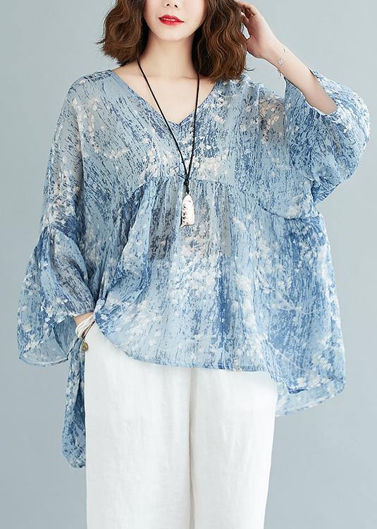 V Neck Blended Summerclothes for Outfits Blue Prints Tops