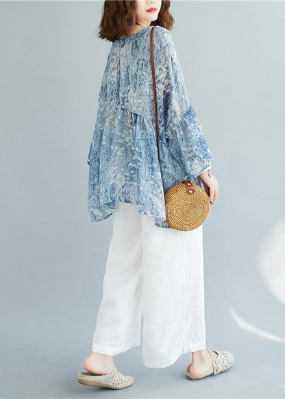 V Neck Blended Summerclothes for Outfits Blue Prints Tops
