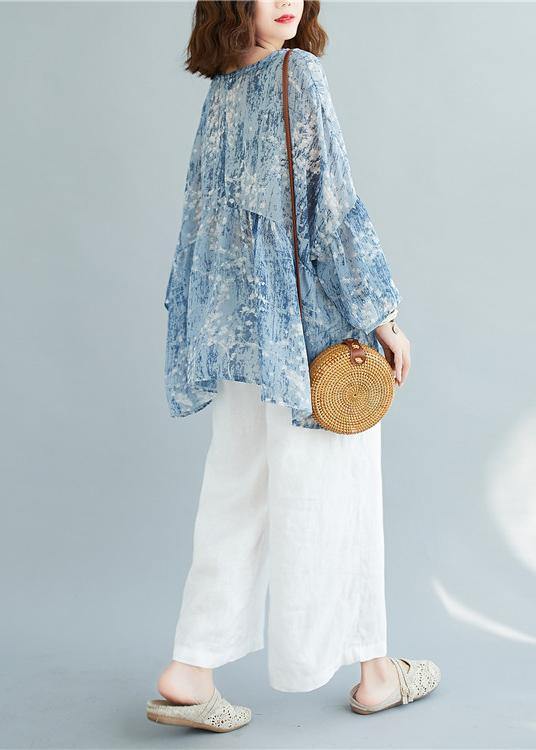 V Neck Blended Summerclothes for Outfits Blue Prints Tops