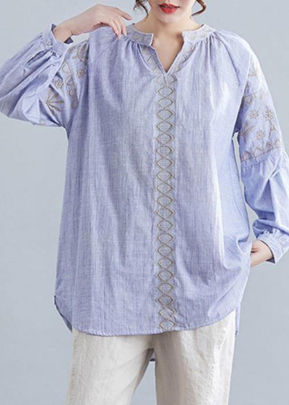 Bohemian v neck cotton Blouse Neckline blue embroidery shirt