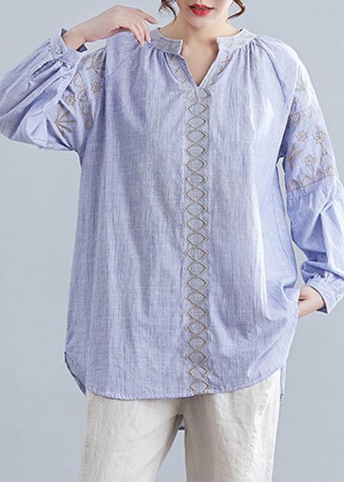 V Neck Cotton Blouse Neckline Blue Embroidery Shirt