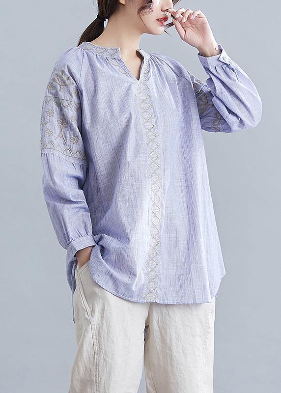 V Neck Cotton Blouse Neckline Blue Embroidery Shirt