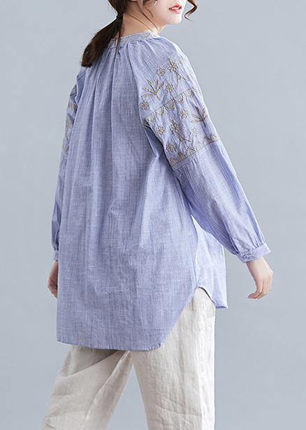 V Neck Cotton Blouse Neckline Blue Embroidery Shirt